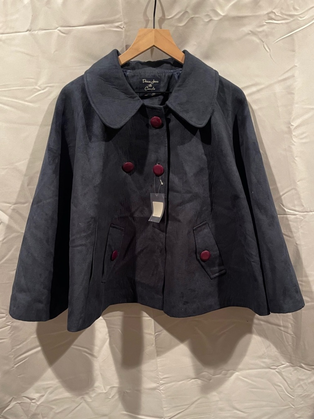 Denim Jeans & Casuals Navy Suede-like Cape with Burgundy Accent Buttons